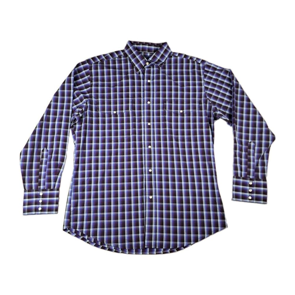 Wrangler Pearl Snap Shirt Mens L Purple Blue Plaid Longsleeve Pockets